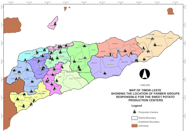 This maps shows where the sweet potato production centres are located in each district (click to view full size)