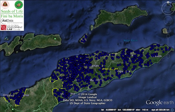 The aid transparency portal Google Earth map includes interactive point data of project locations and associated data for all current development project reported by involved donor agencies, and interactive point data of project locations and associated data for agriculture sector projects reported by involved donor agencies